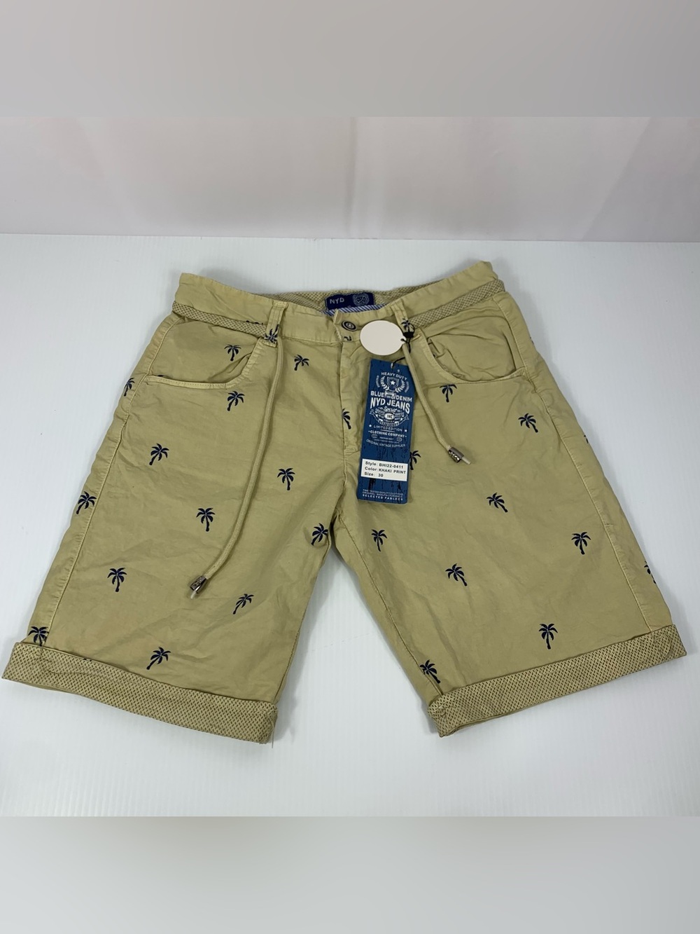 NYD Jeans Men's Khaki Palm Tree Print Shorts Limited Edition Size 30 97% Cotton